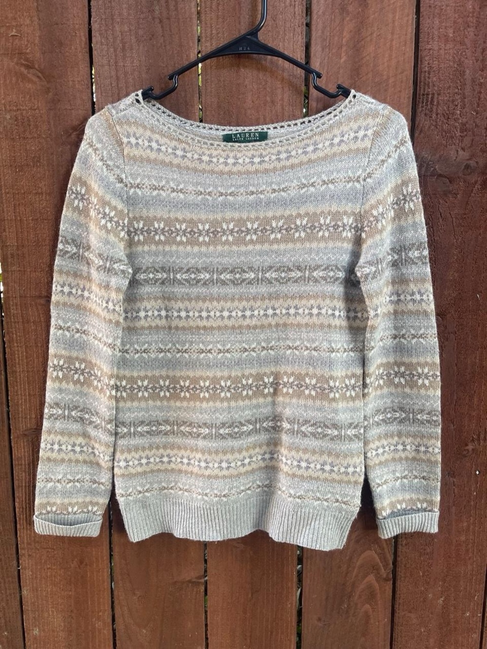 Lauren Ralph Lauren Gray Tan Gold Fair Isle Wool Blend Boat Neck Sweater Sz S